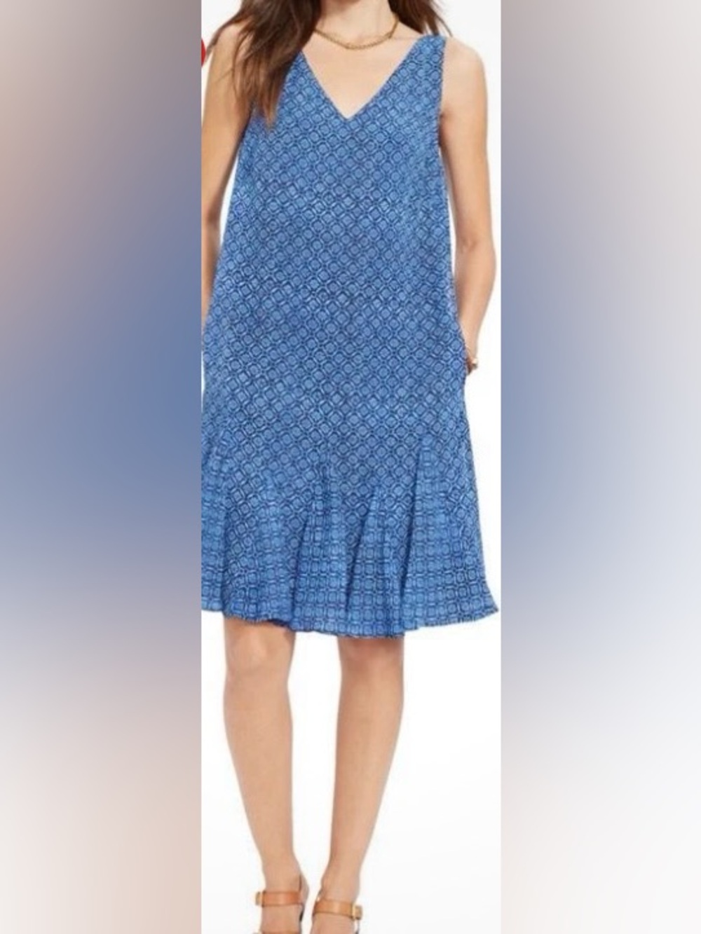 Lauren Ralph Lauren Sleeveless Summer Dress Blue Geometric Design Flowy Sz 14